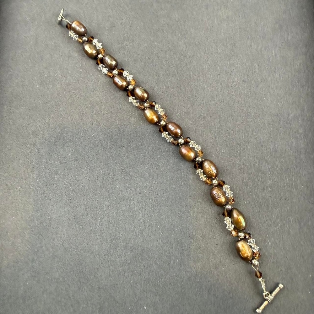Pearl Crystal Beaded Bracelet Chocolate Iridescent Baroque Toggle Clasp Boho